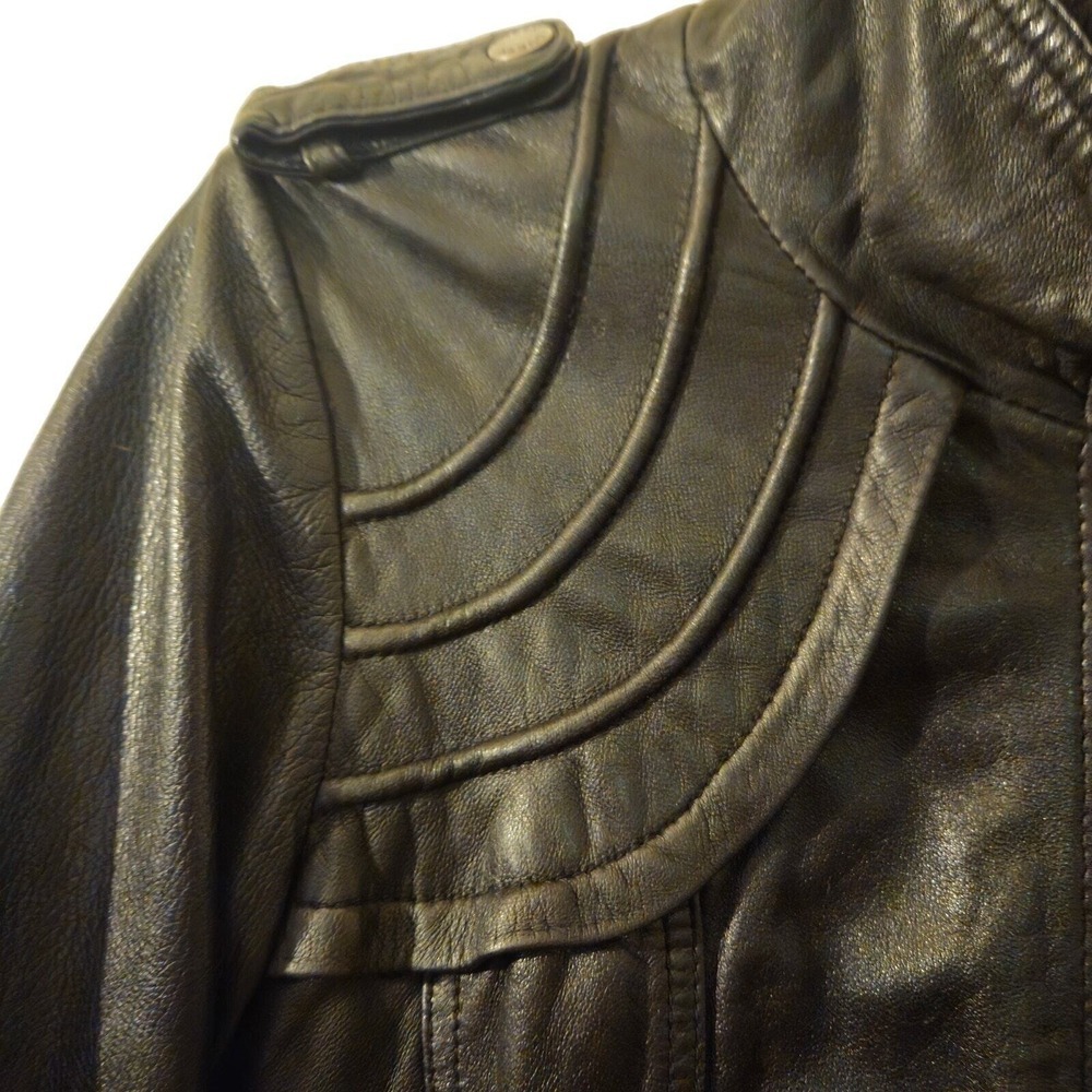 GUESS Womens Vintage Leather Jacket Zipper Pockets Black Size Small - Picture 8 of 9